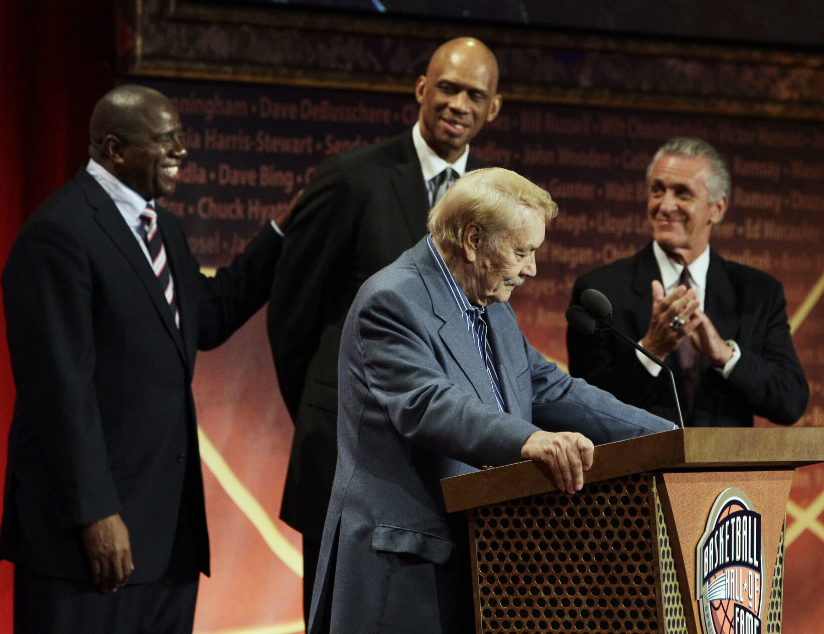 Jerry Buss, Magic Johnson, Kareem Abdul Jabbar, Pat Riley
